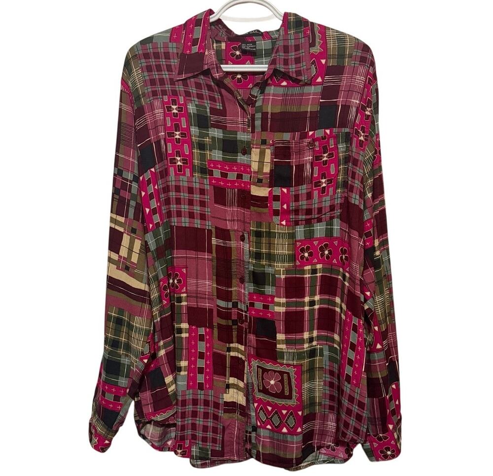 Susan Gail Women's Burgundy Pink Green Patchwork Print Long Sleeve Size XL